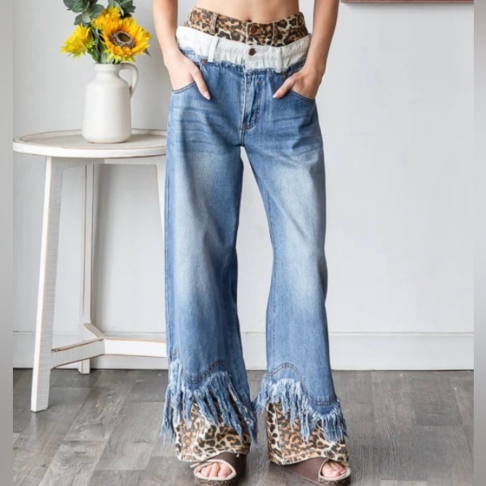 Oli & Hali Blue Fringe Jeans with Leopard Print